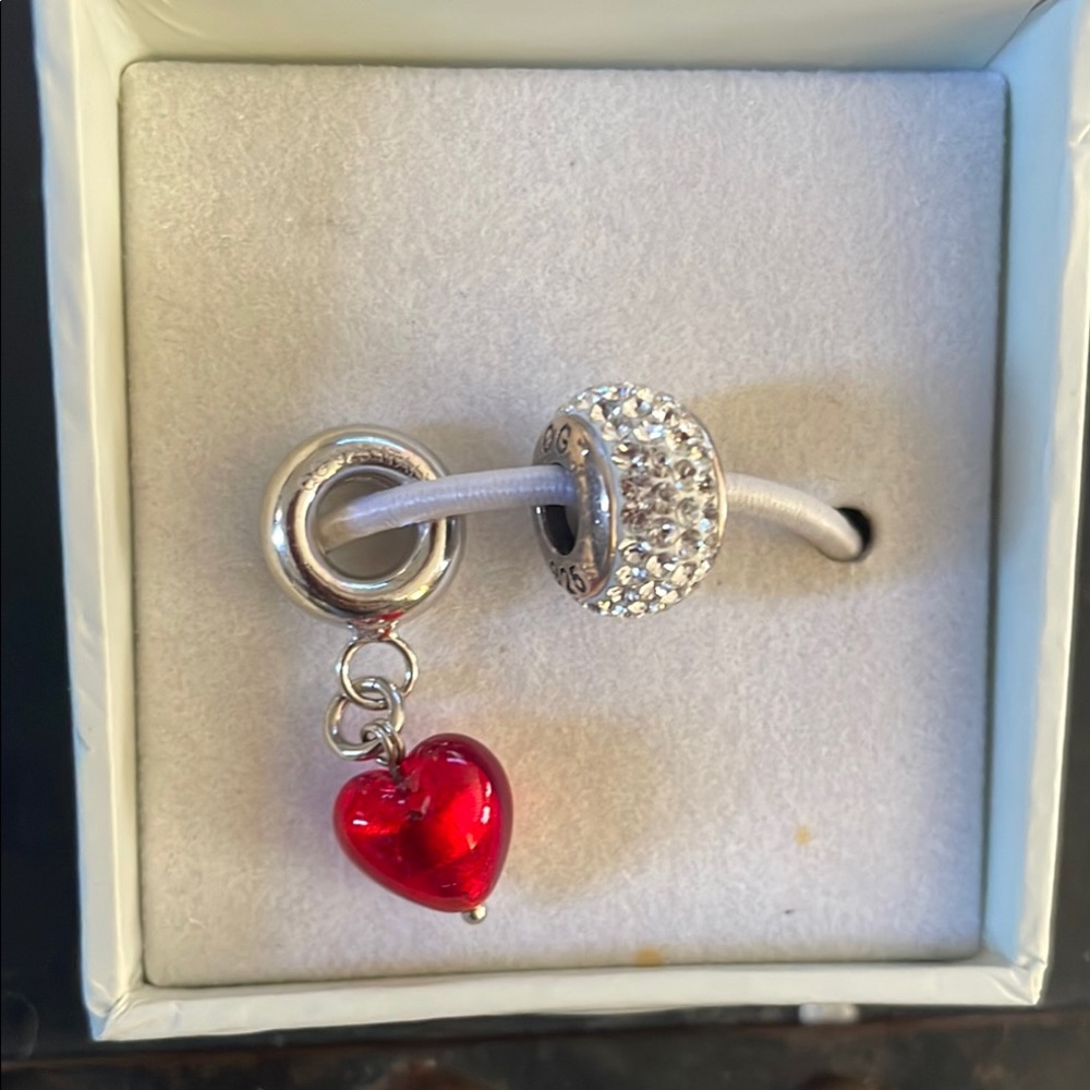 2 Silver Charm with Red Heart Pendant beads